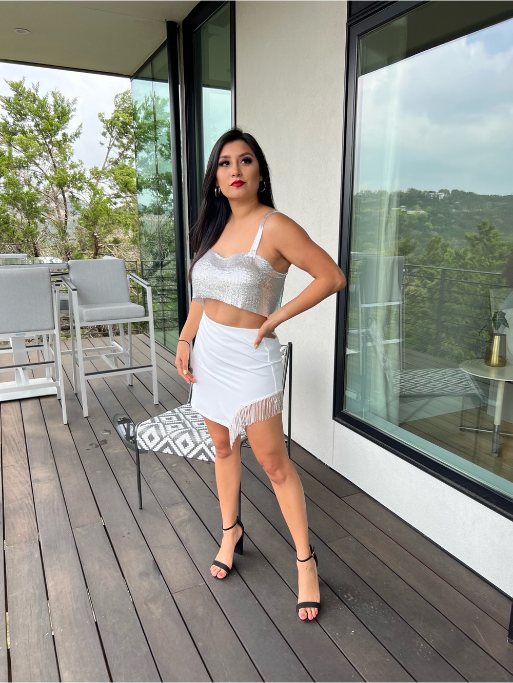 White Mini Skirt with Fringe Rhinestones